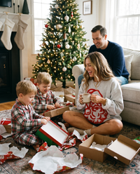 Women's Christmas Sweater, Fuzzy Santa Oversized Sweatshirt — worn with hot cocoa opening presents on Christmas morning with family