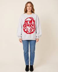 Women's Christmas Sweater, Fuzzy Santa Oversized Sweatshirt — heather gray with red Santa, studio front