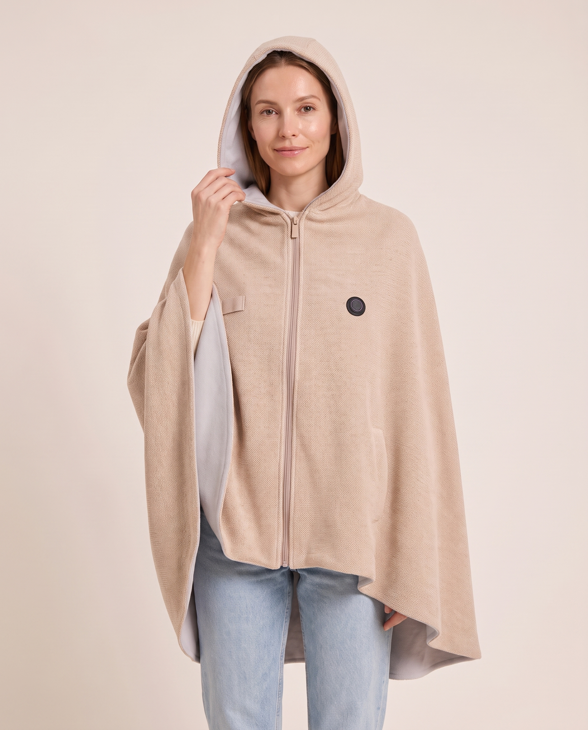 Women's Heated Shawl with Hood — worn with the hood up