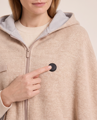 Women's Heated Shawl with Hood — close-up of the heat control button and fleece-lined hood