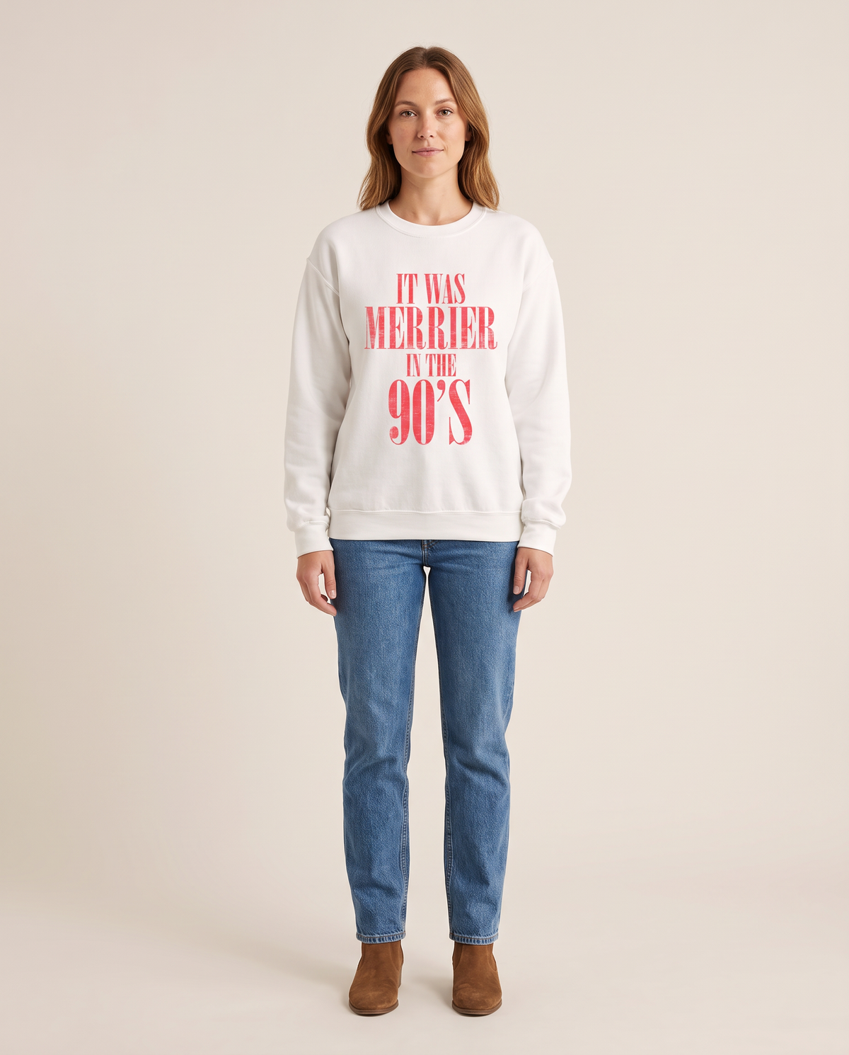 Women's Christmas Sweatshirt, Retro 90s Crewneck — White, studio front