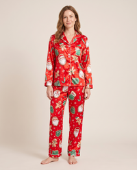 Women's Christmas Pajamas, Satin Santa & Snowman PJ Set — red, studio front