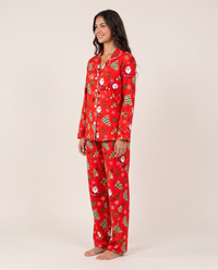 Women's Christmas Pajamas, Santa Print Button-Up PJ Set — red, three-quarter view
