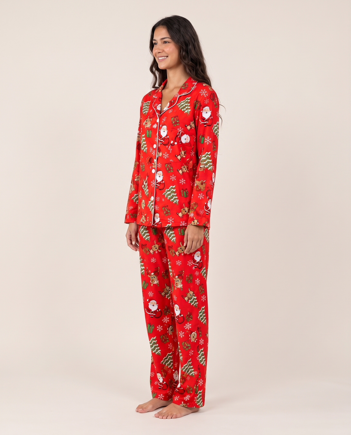 Women's Christmas Pajamas, Santa Print Button-Up PJ Set — red, three-quarter view