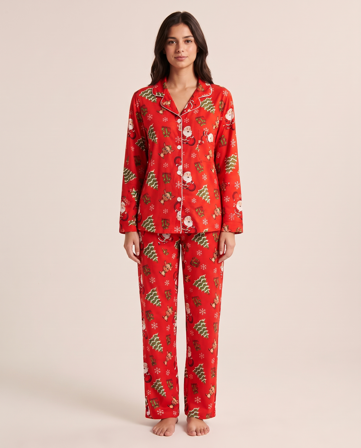 Women's Christmas Pajamas, Santa Print Button-Up PJ Set — red, studio front