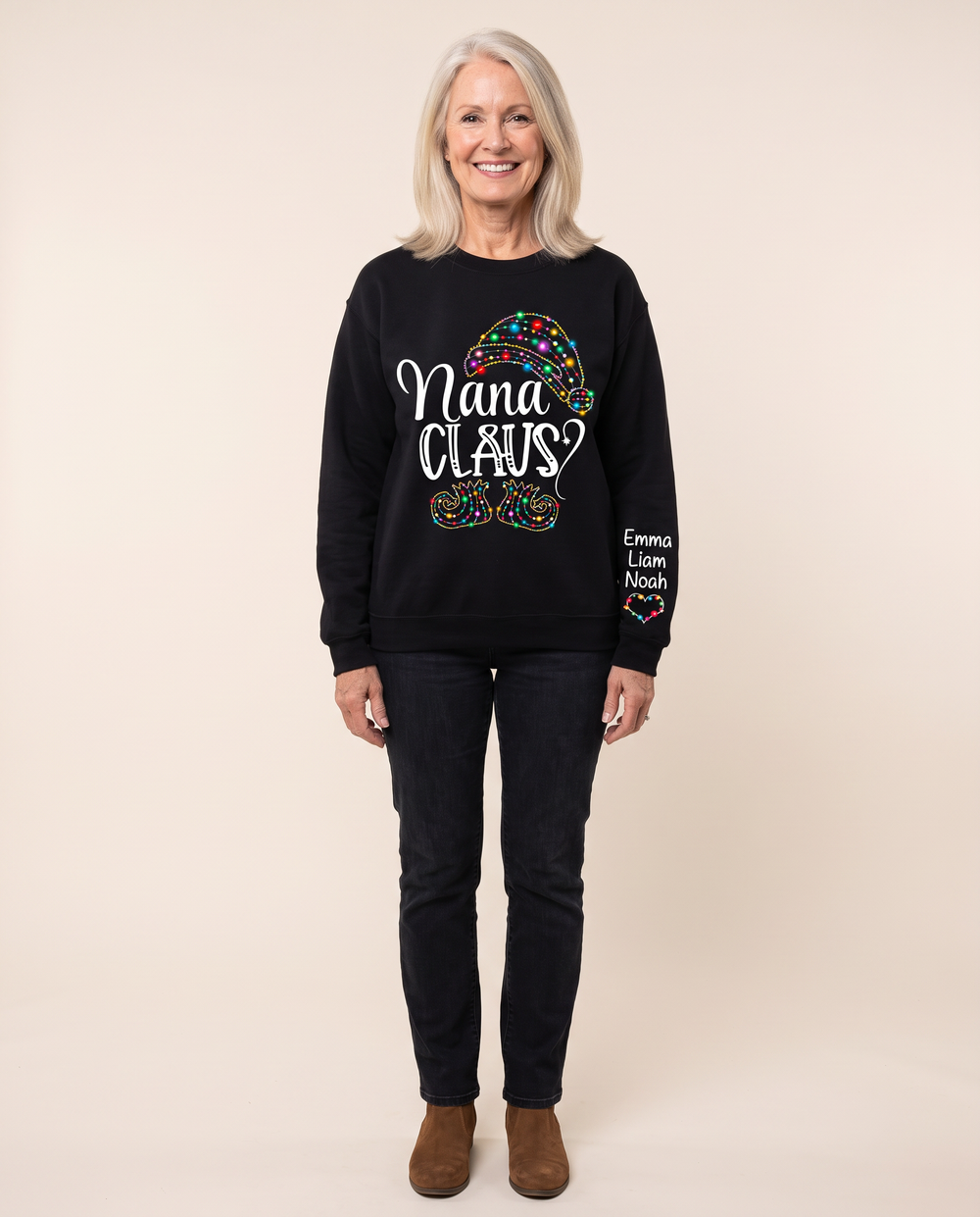 Women's Christmas Sweatshirt, Personalized Nana Claus Gift — black crewneck, studio front