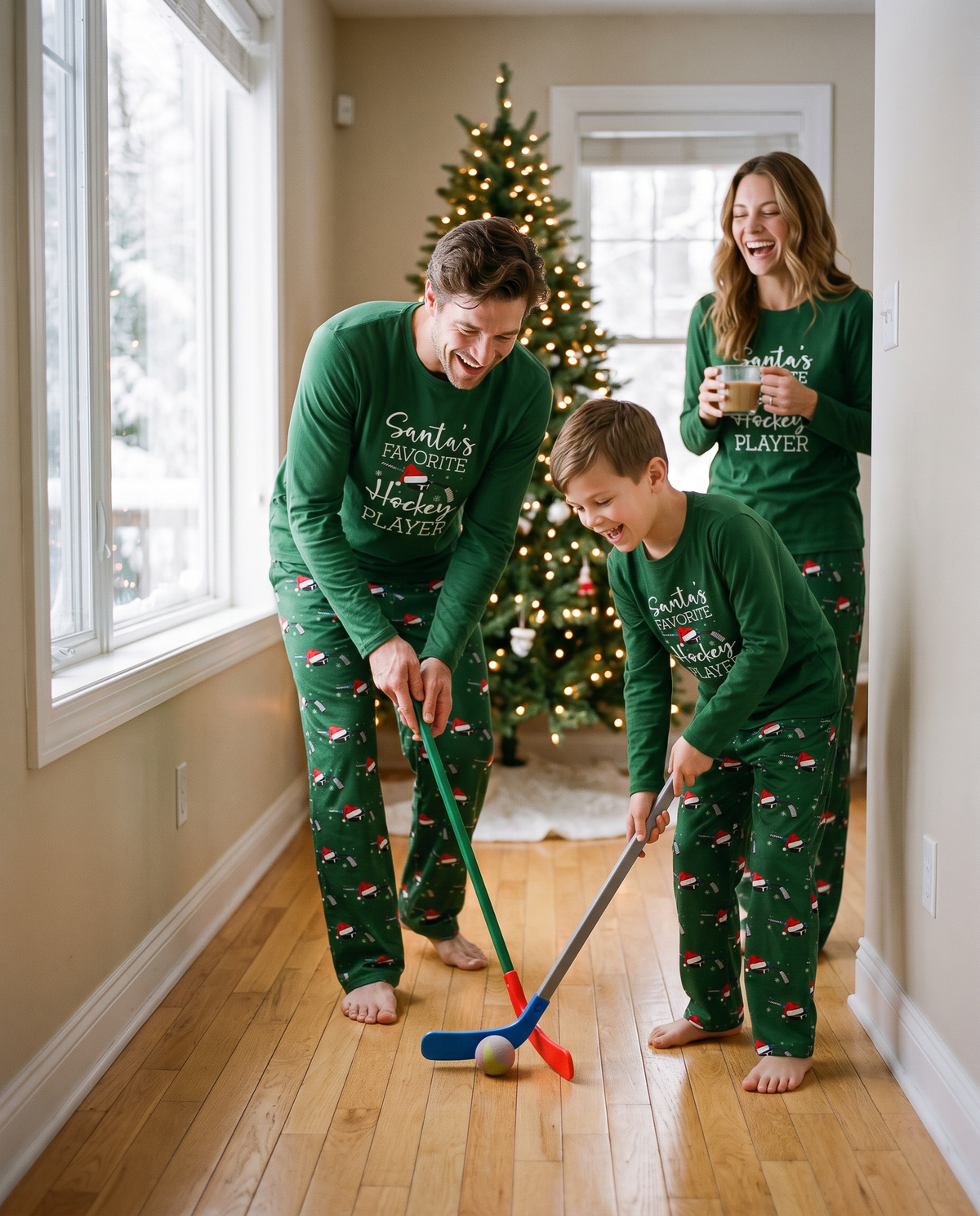 Dad and son in matching green hockey Christmas pajamas playing mini hockey at home on Christmas morning