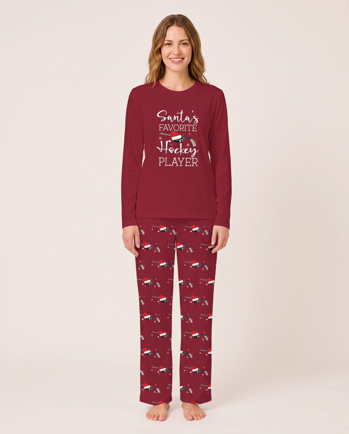 Family Christmas Pajamas, Santa's Favorite Hockey Player PJs — red, studio front