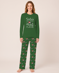 Family Christmas Pajamas, Santa's Favorite Hockey Player PJs — green, studio front