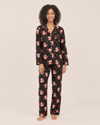 Women's Christmas Pajamas, Santa Claus Print Button-Up PJ Set — black, studio front