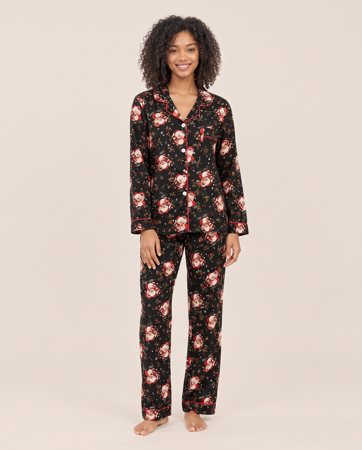 Women's Christmas Pajamas, Santa Claus Print Button-Up PJ Set — black, studio front