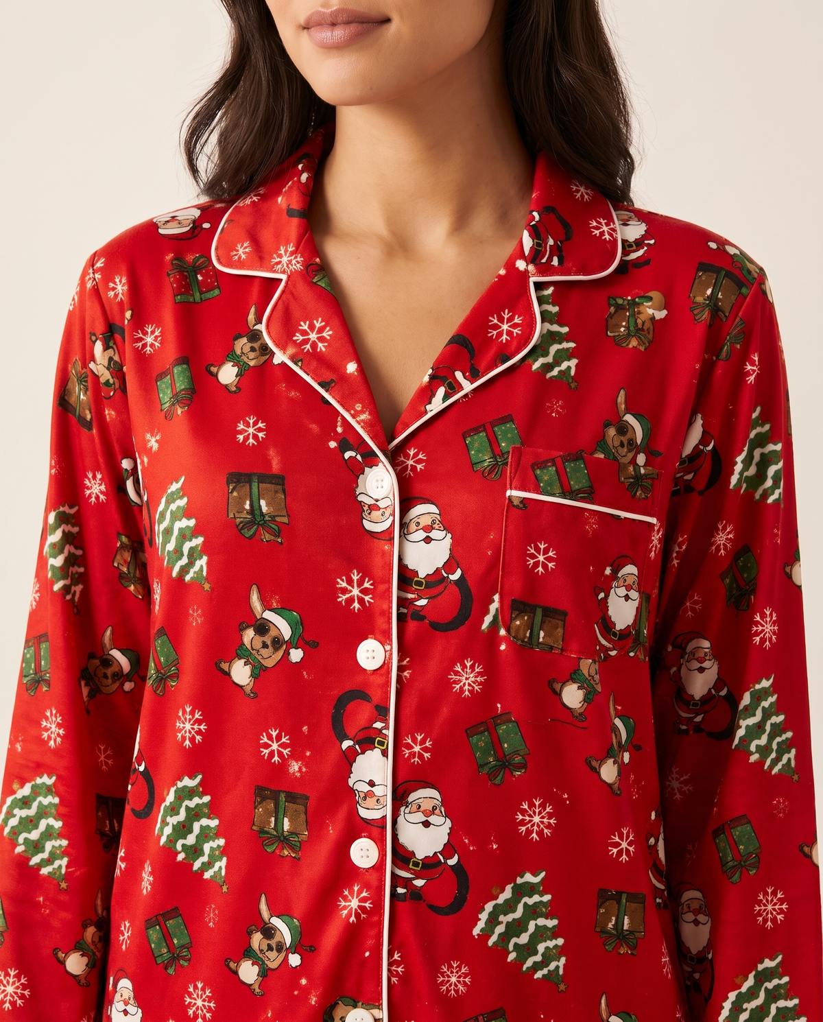 Women's Christmas Pajamas, Santa Claus Print Button-Up PJ Set — close-up of Santa print, white piping, chest pocket and buttons