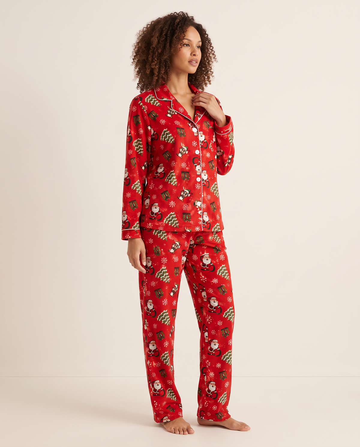 Women's Christmas Pajamas, Santa Claus Print Button-Up PJ Set — red, three-quarter view
