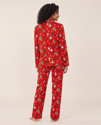 Women's Christmas Pajamas, Santa Claus Print Button-Up PJ Set — red, studio back
