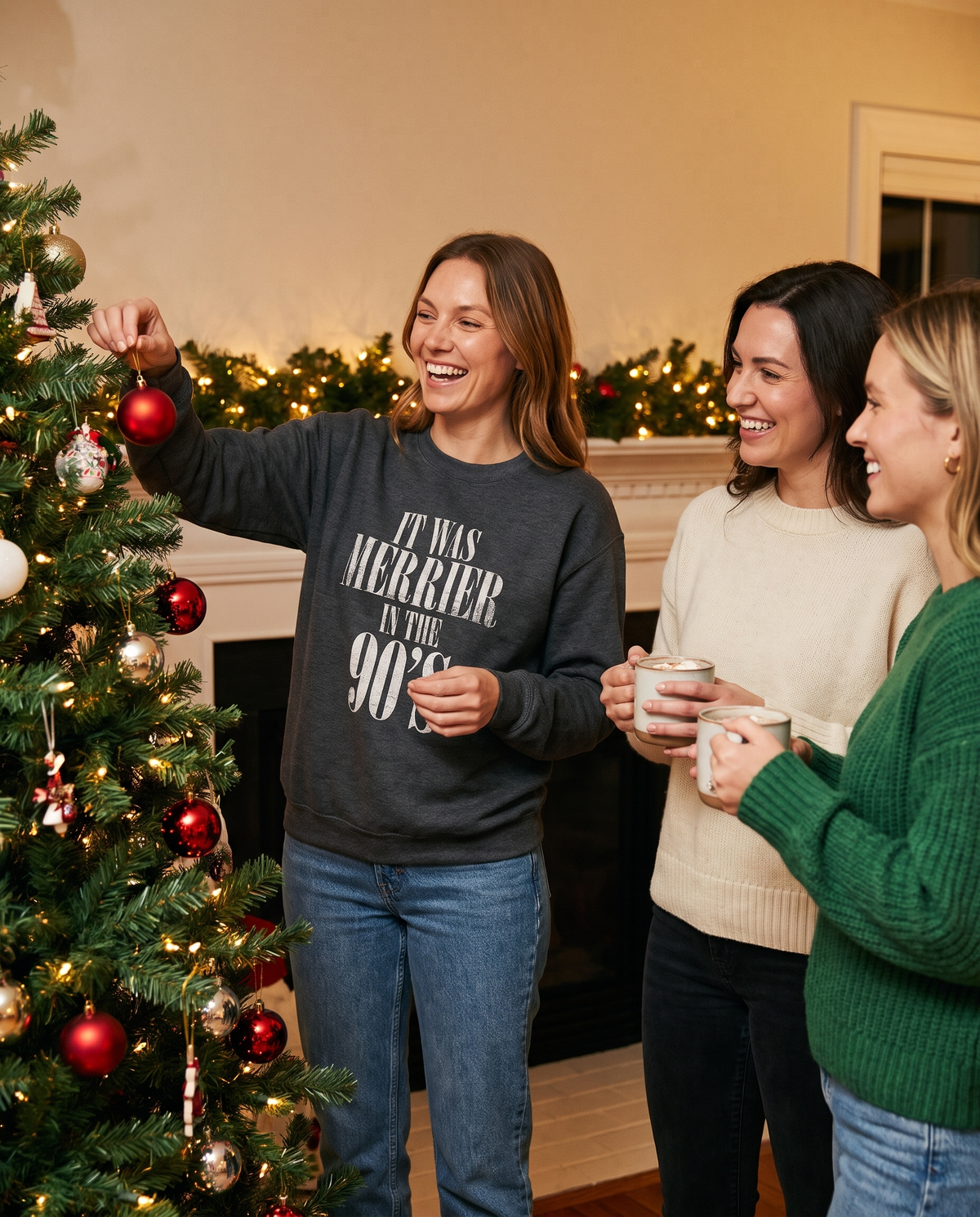 Women's Christmas Sweatshirt, Retro 90s Crewneck — worn decorating the Christmas tree with friends and hot cocoa