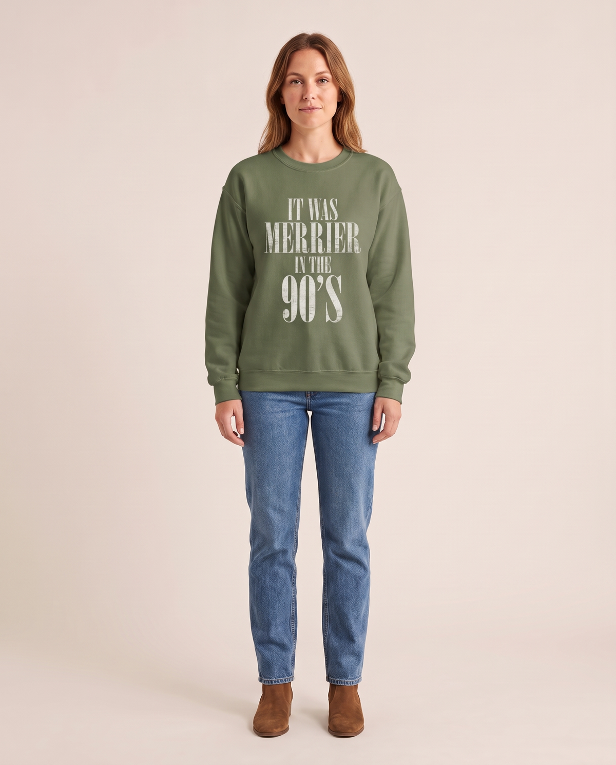 Women's Christmas Sweatshirt, Retro 90s Crewneck — Military Green, studio front