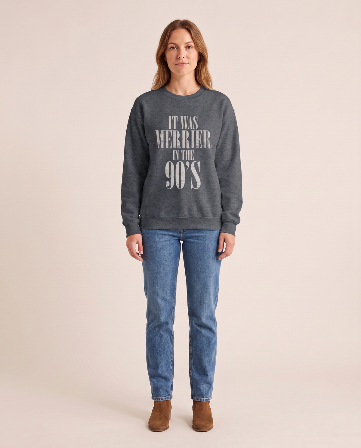 Women's Christmas Sweatshirt, Retro 90s Crewneck — Dark Heather, studio front