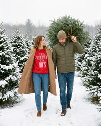 Women's Christmas Sweatshirt, Retro 90s Crewneck — worn at a snowy Christmas tree farm with a camel coat