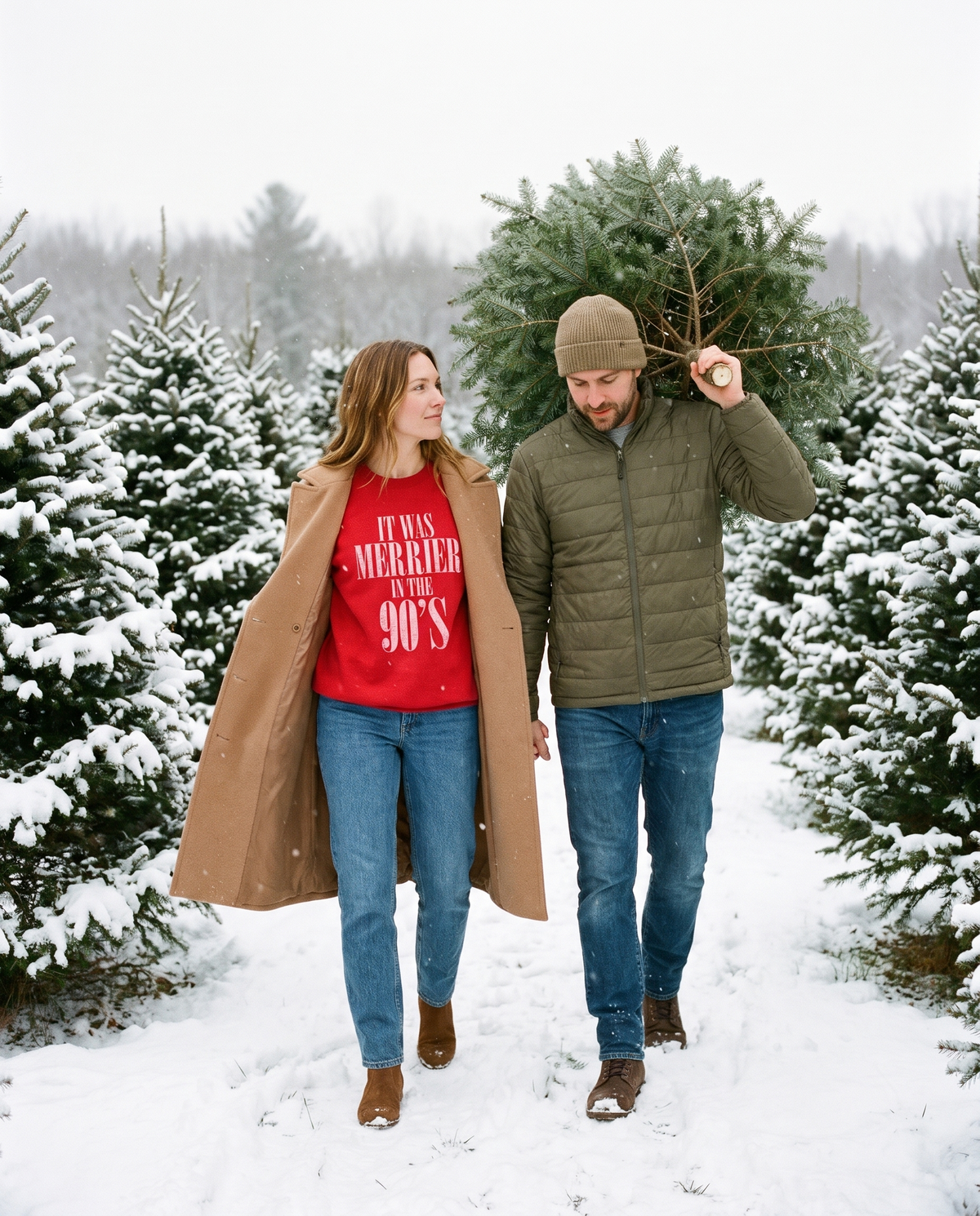 Women's Christmas Sweatshirt, Retro 90s Crewneck — worn at a snowy Christmas tree farm with a camel coat