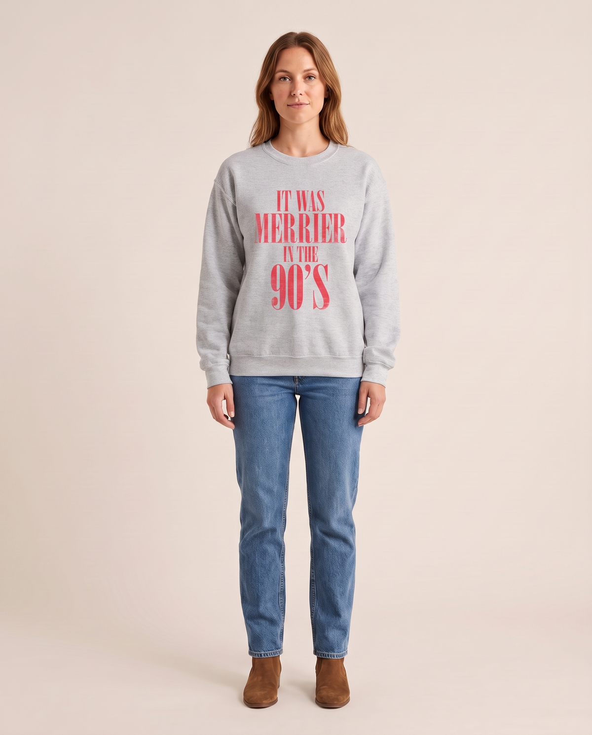 Women's Christmas Sweatshirt, Retro 90s Crewneck — Sport Grey, studio front