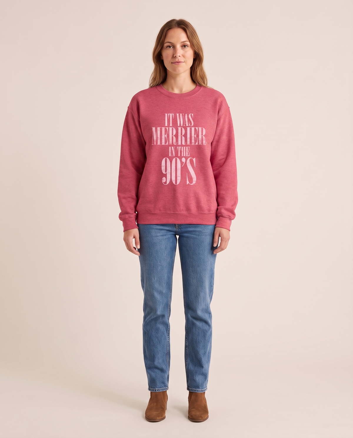 Women's Christmas Sweatshirt, Retro 90s Crewneck — Heather Scarlet Red, studio front