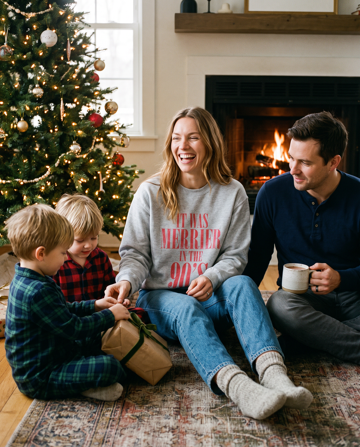 Women's Christmas Sweatshirt, Retro 90s Crewneck — worn opening presents with the family on Christmas morning by the tree