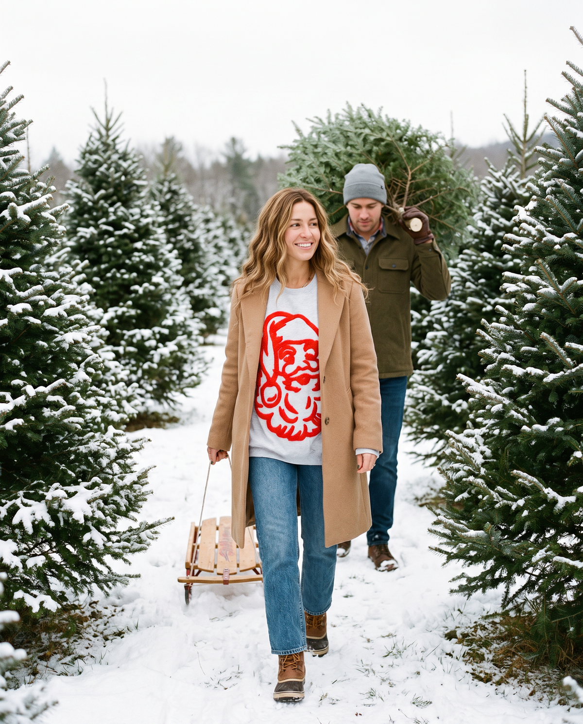 Women's Christmas Sweater, Fuzzy Santa Oversized Sweatshirt — worn at a snowy Vermont Christmas tree farm