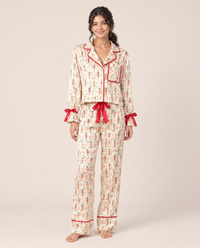 Women's Christmas Pajamas, Satin Bow-Cuff PJ Set — Cream Nutcracker, studio front