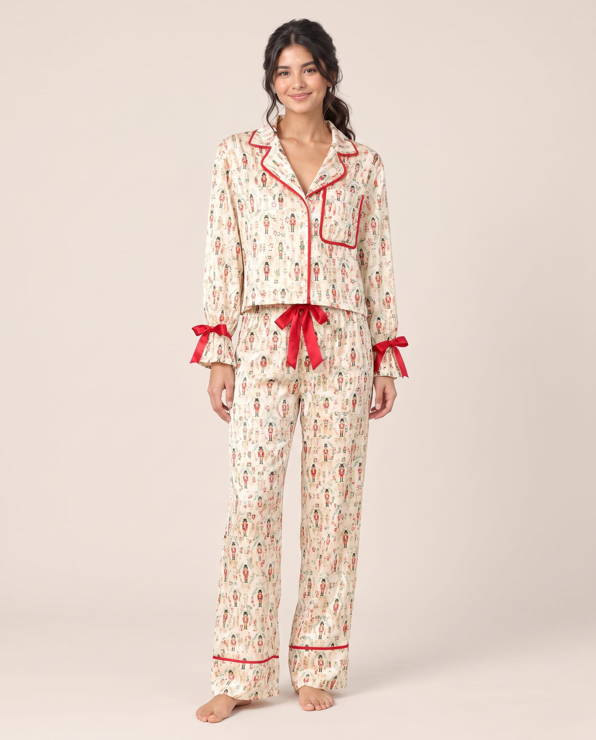 Women's Christmas Pajamas, Satin Bow-Cuff PJ Set — Cream Nutcracker, studio front