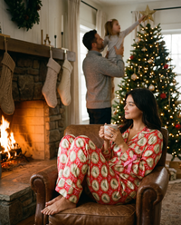 Women's Christmas Pajamas, Satin Bow-Cuff PJ Set — hot cocoa by the fireplace on Christmas Eve while the family tops the tree