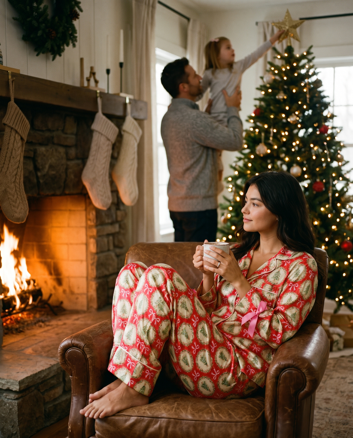 Women's Christmas Pajamas, Satin Bow-Cuff PJ Set — hot cocoa by the fireplace on Christmas Eve while the family tops the tree