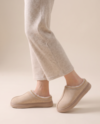 Women's Faux Suede Platform Slippers — khaki, studio side view of the platform sole