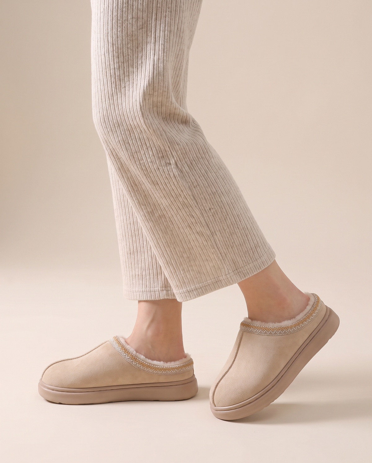 Women's Faux Suede Platform Slippers — khaki, studio side view of the platform sole
