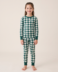 Matching Family Christmas Pajamas, Green Buffalo Plaid — kids' set, studio front