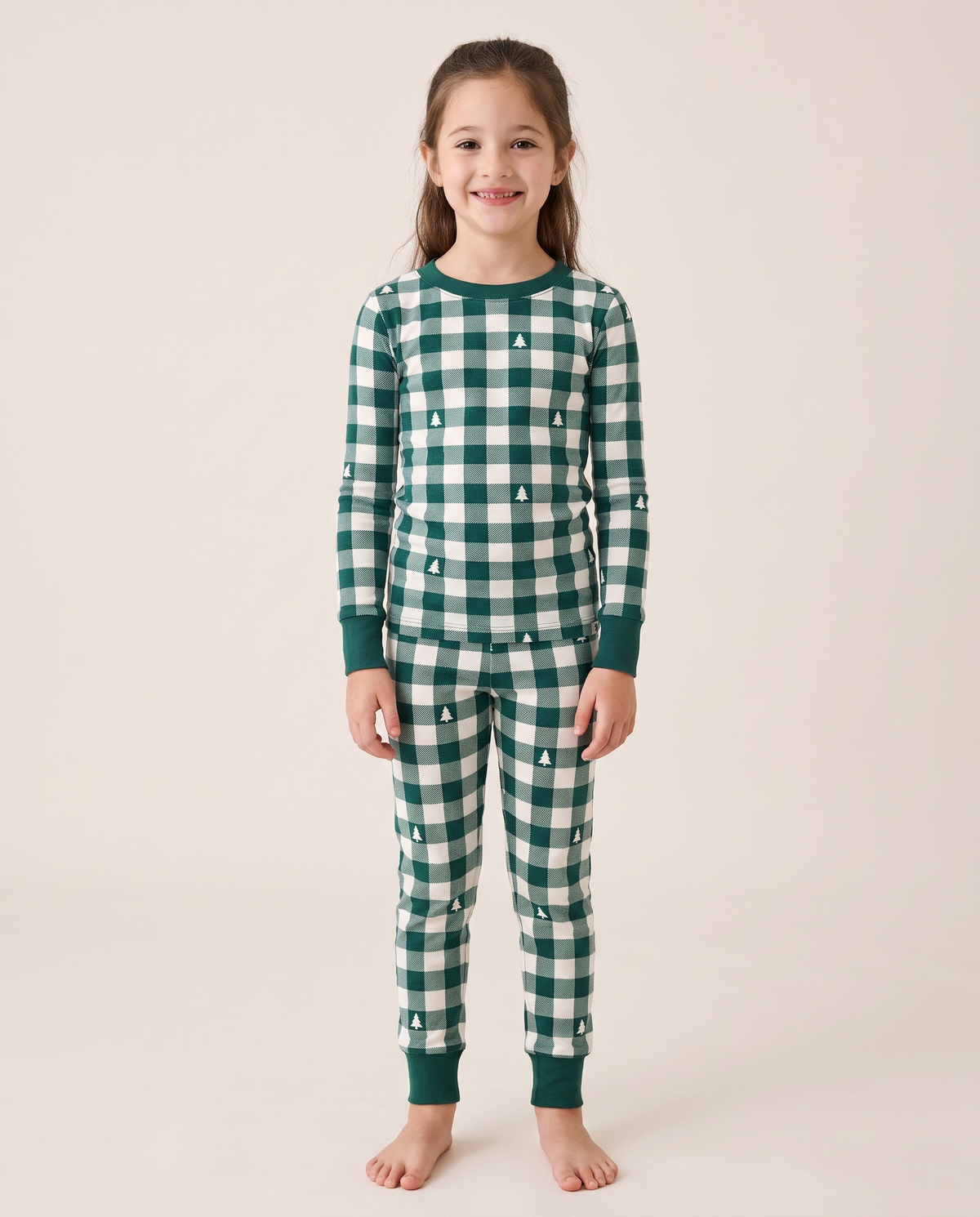 Matching Family Christmas Pajamas, Green Buffalo Plaid — kids' set, studio front