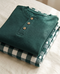 Matching Family Christmas Pajamas, Green Buffalo Plaid — waffle henley and plaid print close-up