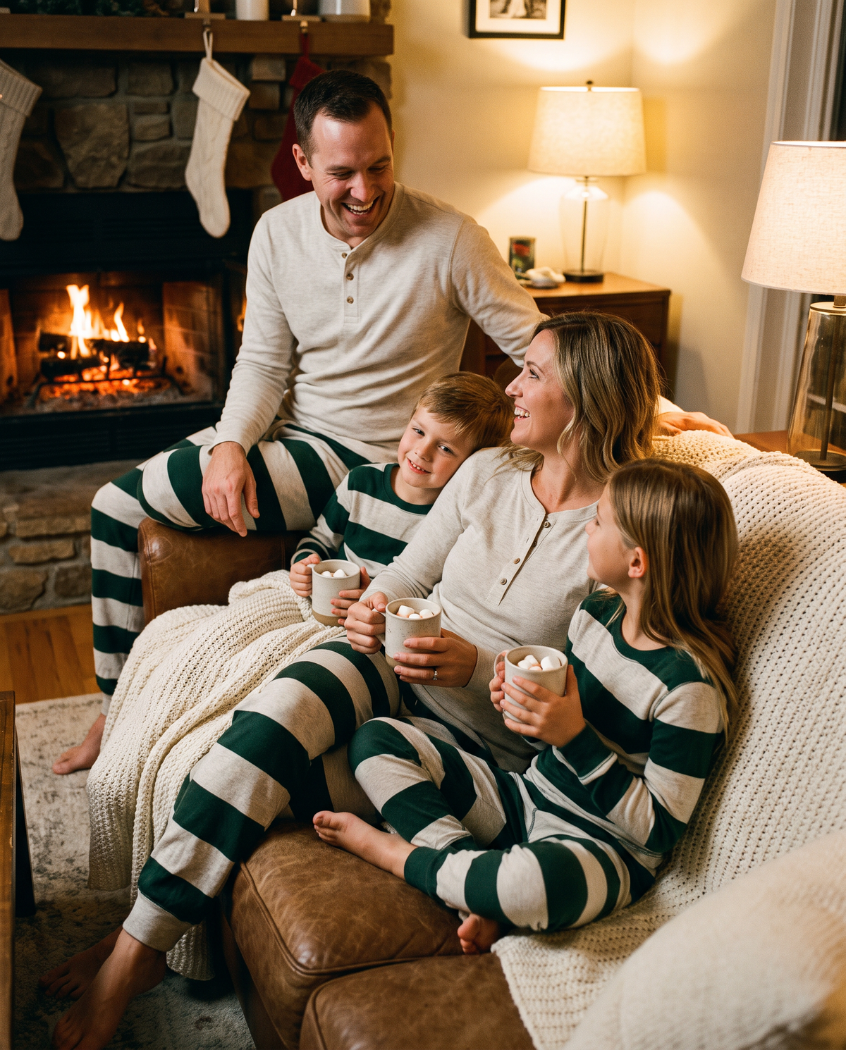 Family Christmas Pajamas, Green & Cream Stripe — family with hot cocoa by the fireplace on Christmas Eve