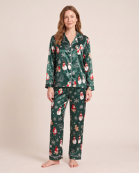 Women's Christmas Pajamas, Satin Santa & Snowman PJ Set — green, studio front