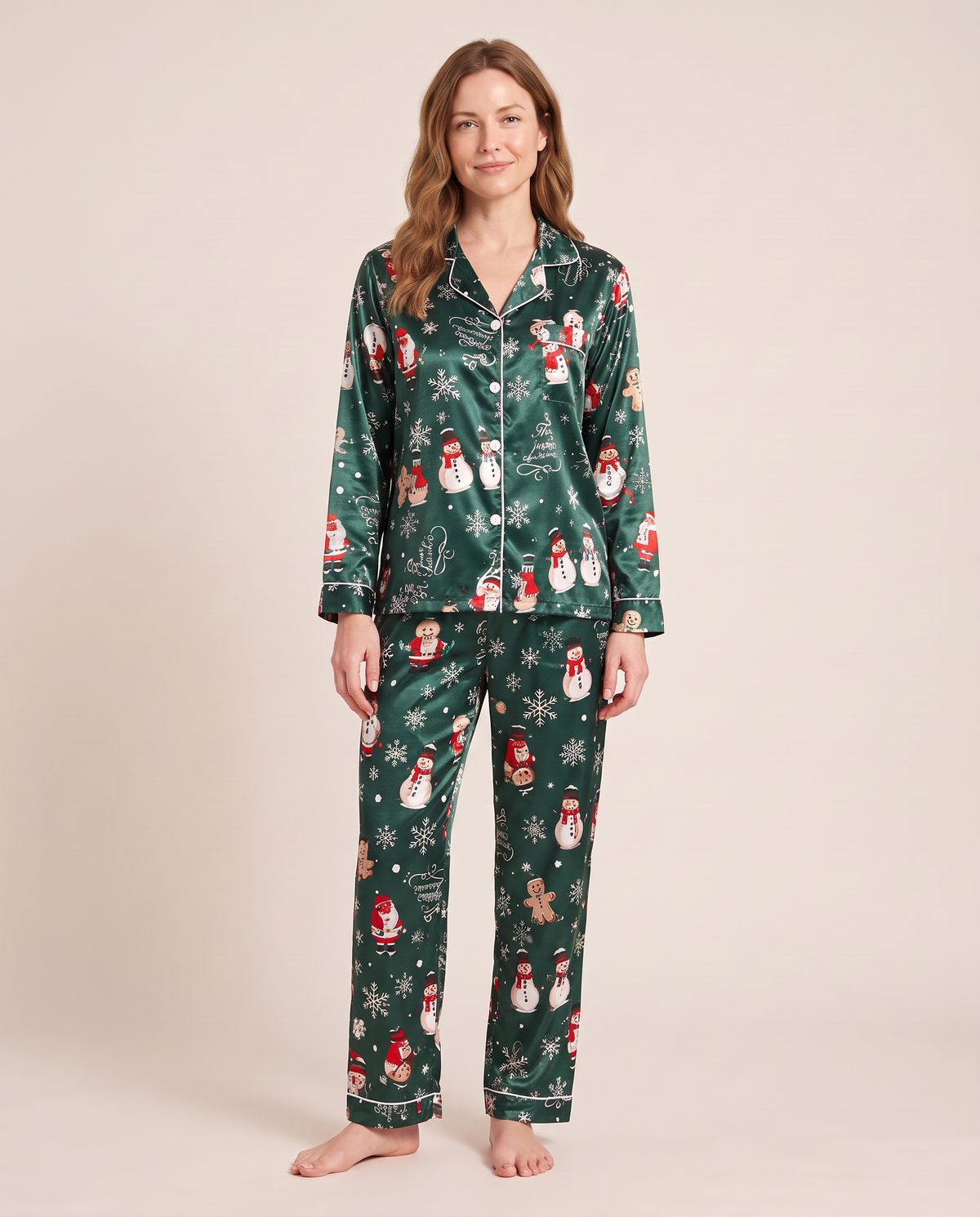 Women's Christmas Pajamas, Satin Santa & Snowman PJ Set — green, studio front
