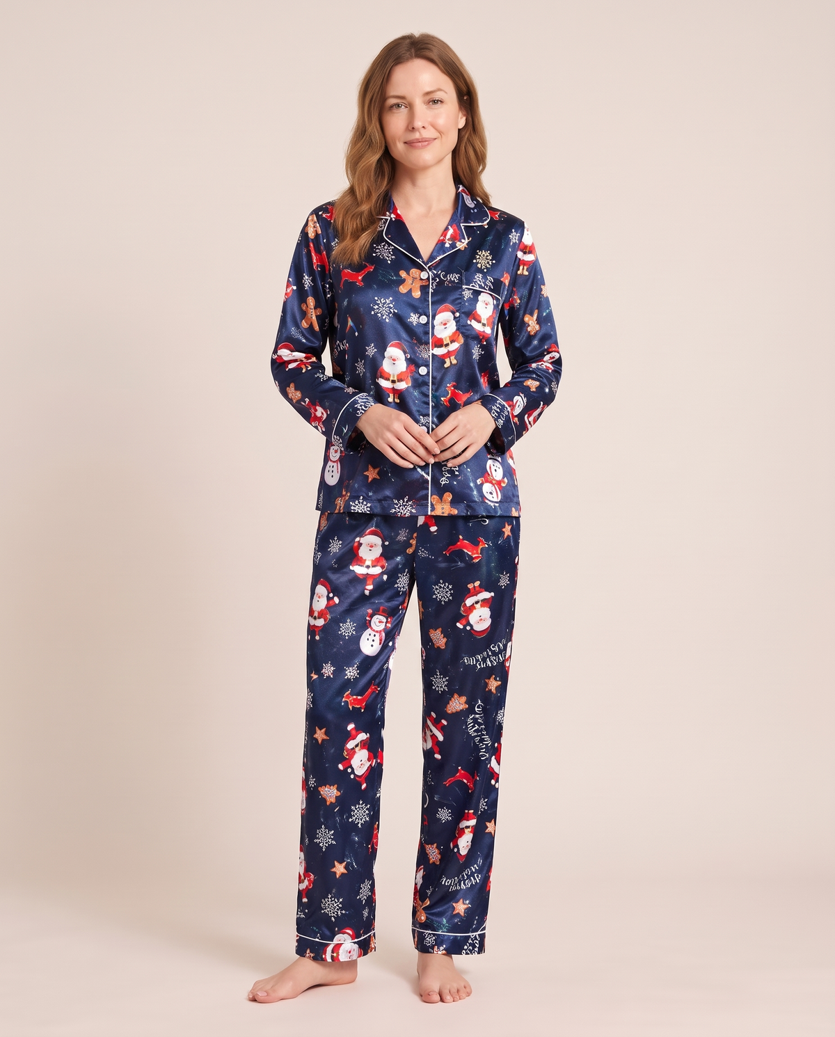 Women's Christmas Pajamas, Satin Santa & Snowman PJ Set — navy, studio front