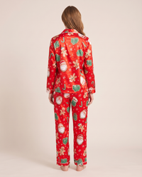 Women's Christmas Pajamas, Satin Santa & Snowman PJ Set — red, studio back