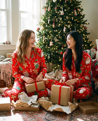Women's Christmas Pajamas, Satin Santa & Snowman PJ Set — red, girlfriends opening presents by the tree on Christmas morning