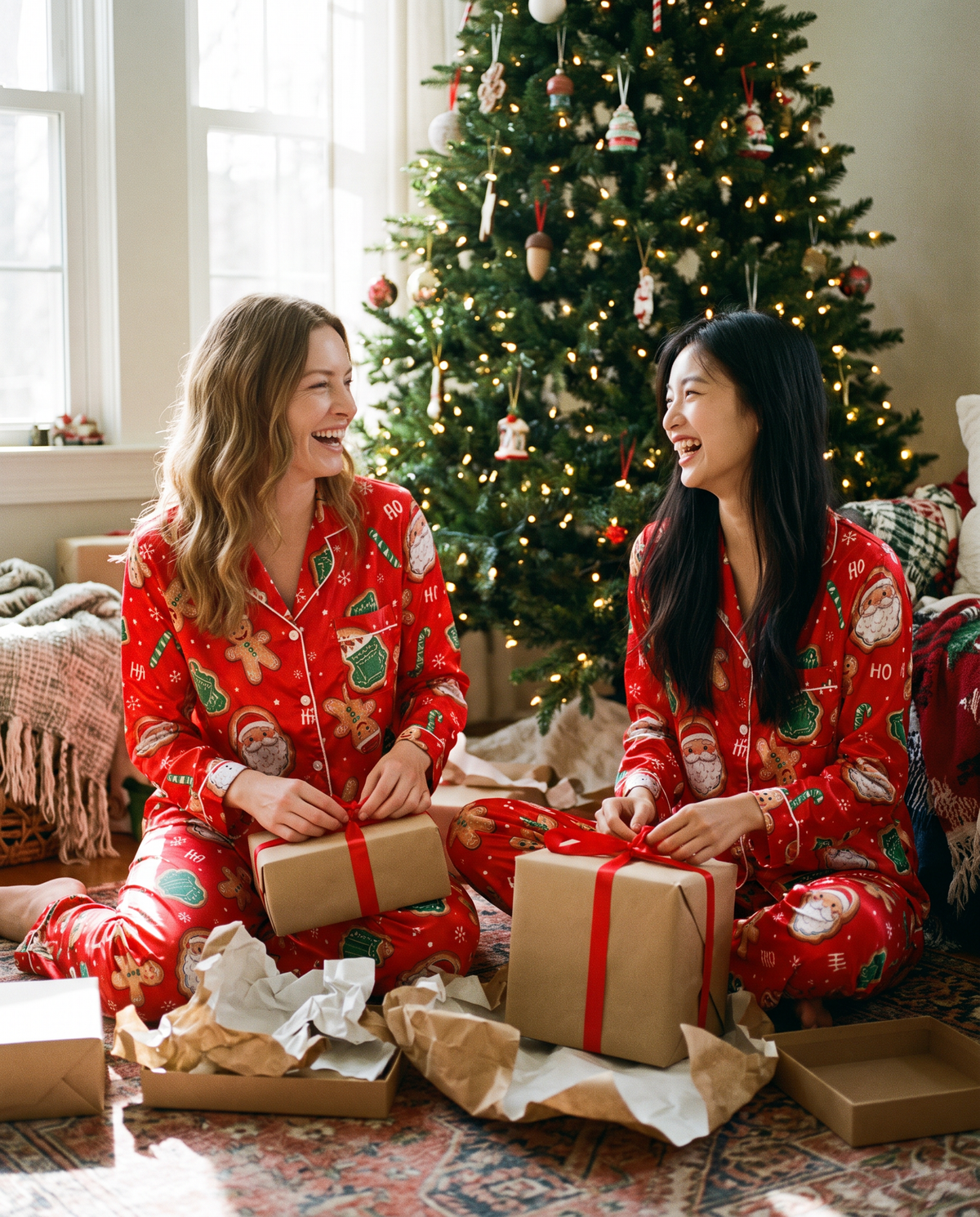 Women's Christmas Pajamas, Satin Santa & Snowman PJ Set — red, girlfriends opening presents by the tree on Christmas morning