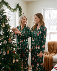 Women's Christmas Pajamas, Satin Santa & Snowman PJ Set — green, mother and daughter decorating the Christmas tree