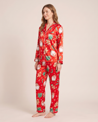 Women's Christmas Pajamas, Satin Santa & Snowman PJ Set — red, three-quarter view