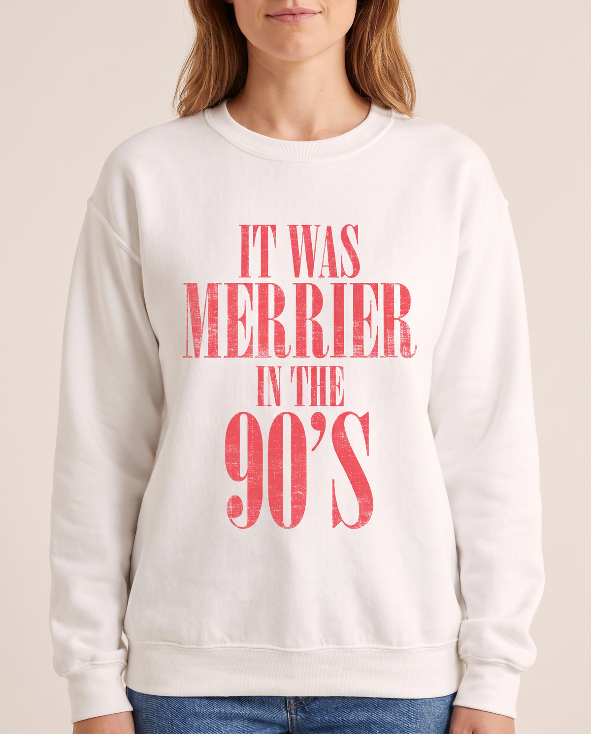 Women's Christmas Sweatshirt, Retro 90s Crewneck — distressed It Was Merrier in the 90's print and ribbed crew neck detail