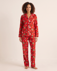 Women's Christmas Pajamas, Santa Claus Print Button-Up PJ Set — red, studio front