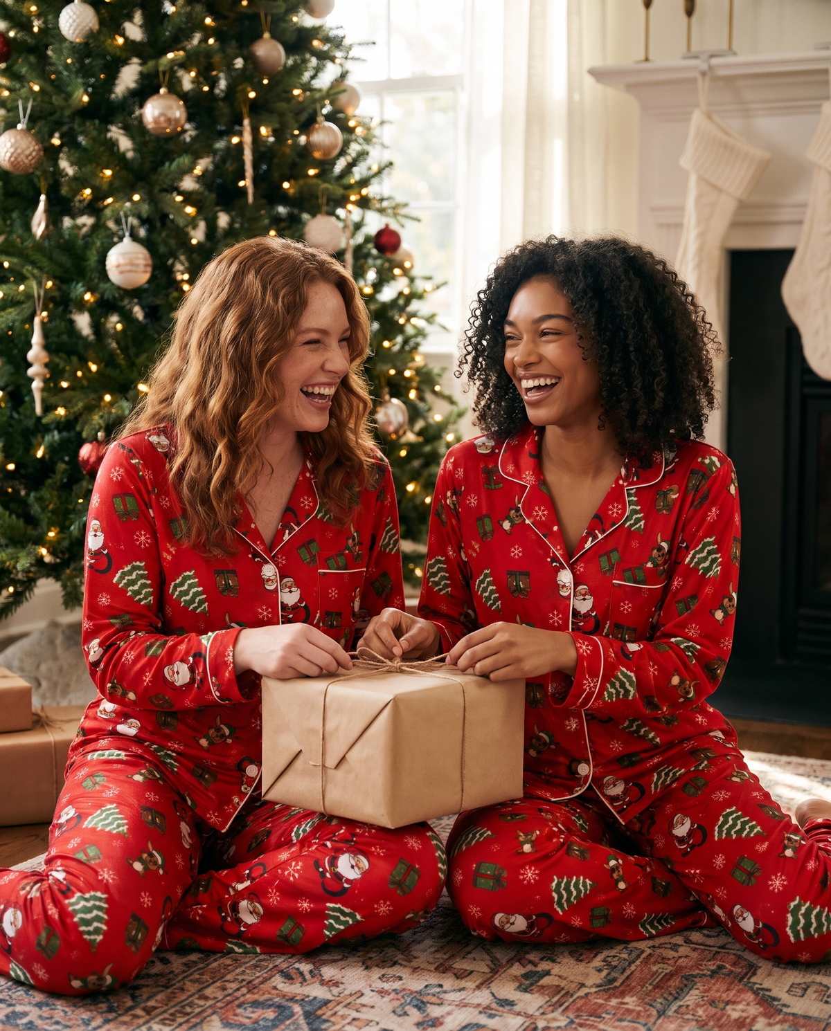 Women's Christmas Pajamas, Santa Claus Print Button-Up PJ Set — friends in matching red pajamas opening presents by the tree on Christmas morning