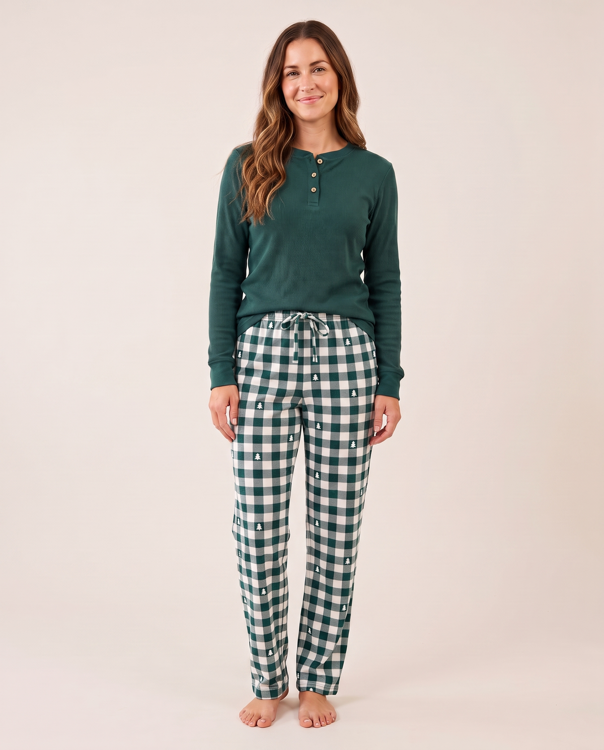 Matching Family Christmas Pajamas, Green Buffalo Plaid — adult henley set, studio front