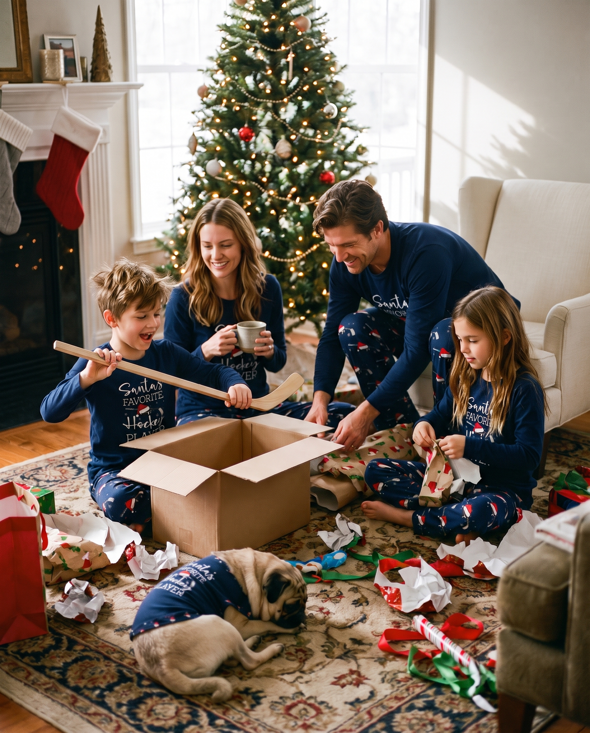 Family in matching navy hockey Christmas pajamas opening presents by the tree on Christmas morning